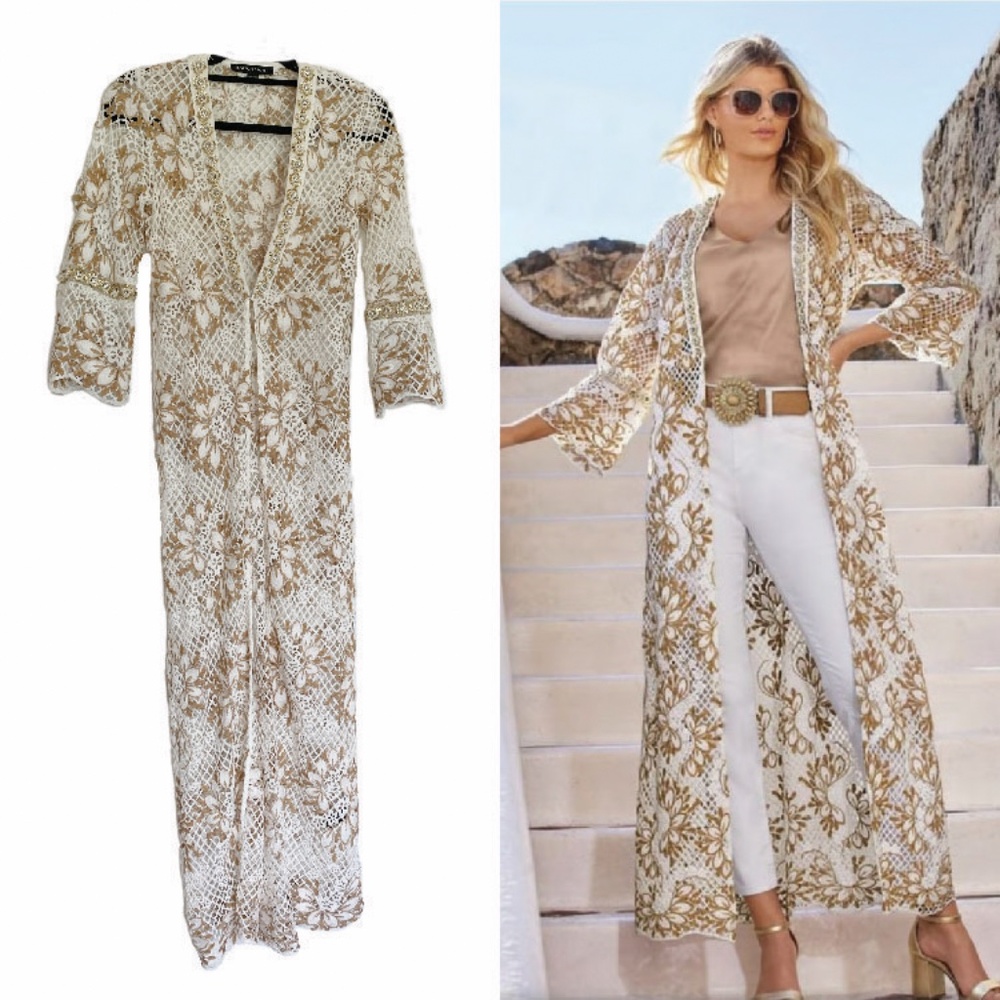BOSTON PROPER Open Knit Crochet Floral Long Duster Cardigan Coverup XXS Boho